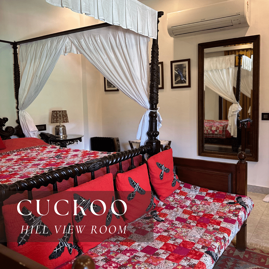 A bed with a patterned quilt and pillows - Cuckoo Hill View Room.